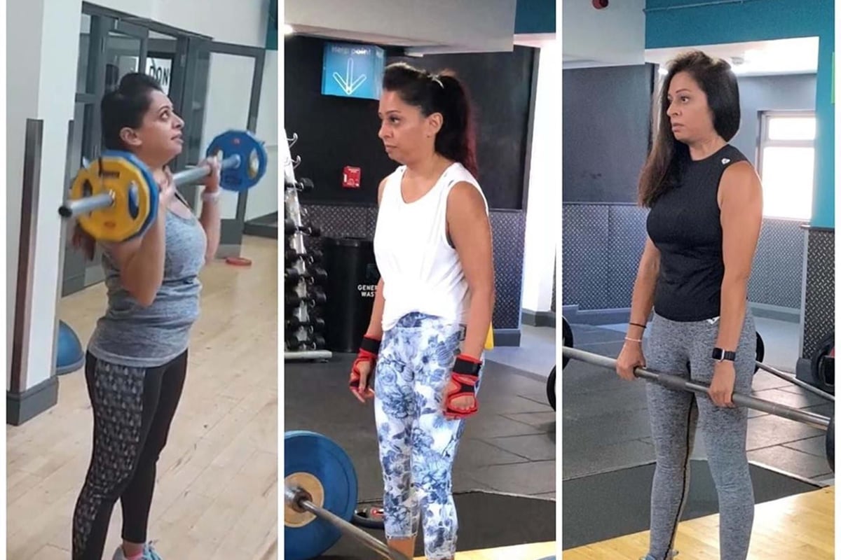 Woman lifting weights in gym over three years from 2018 to 2020 showing fitness progress