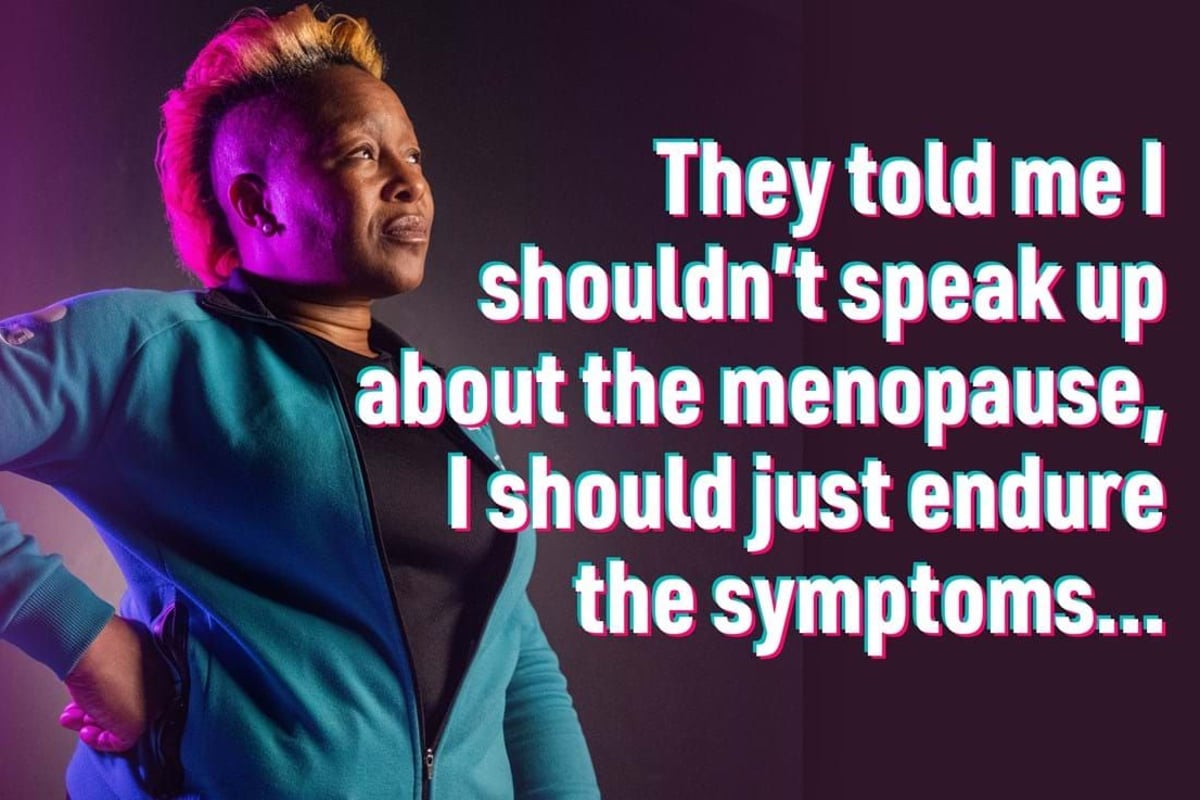 Woman with pink mohawk and blue jacket looking determined with menopause quote beside her