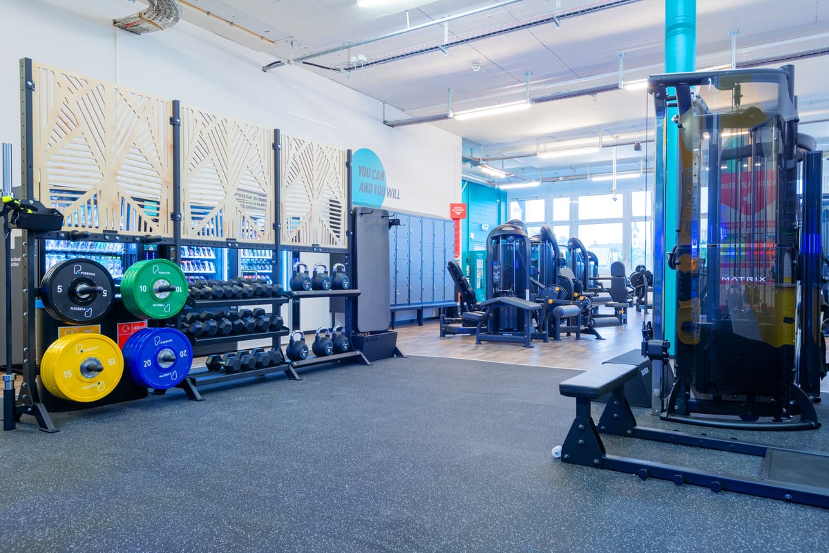 Gym Jona Erdgeschoss mit Gewichtsscheiben, Kettlebells und Kraftmaschinen