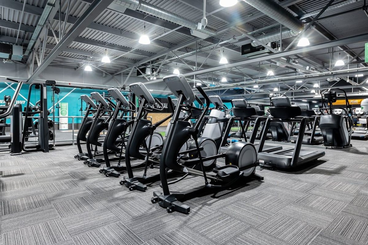PureGym Reading Calcot: Rows of modern elliptical and treadmill cardio machines under bright lighting.