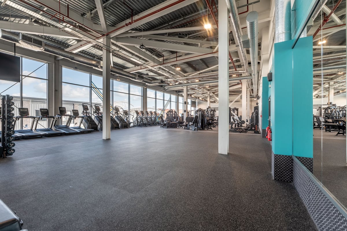 PureGym Newport Wales: Rows of treadmills, ellipticals, exercise bikes with exposed ceiling and ventilation ducts.