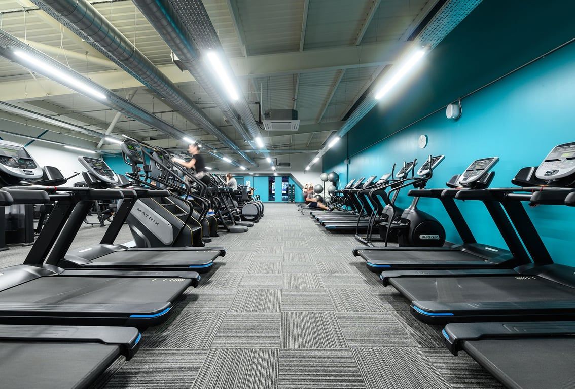 PureGym Salisbury: Rows of treadmills, ellipticals, and other cardio machines in a modern gym setting.