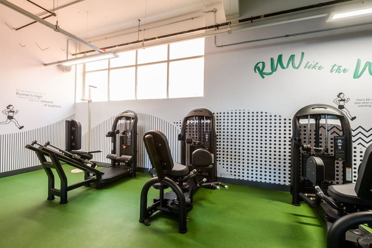 PureGym London Camden: Rows of sleek cardio machines, rubberised green flooring, wall graphics depicting movement.