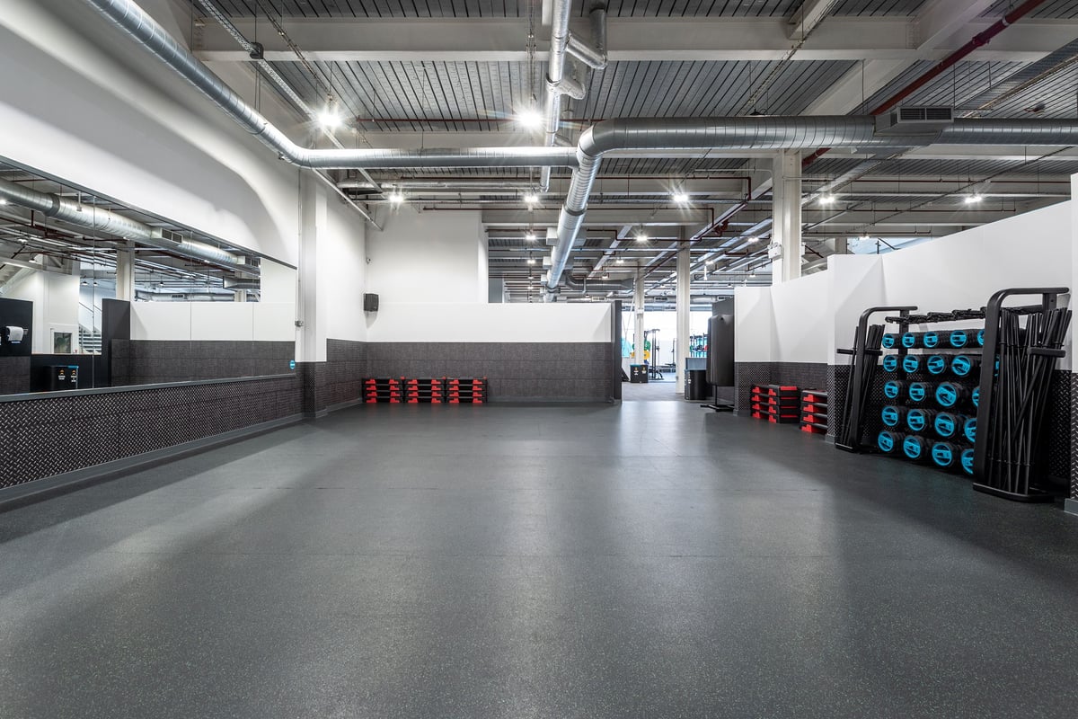 PureGym Newport Wales: Rows of rubberised weight plates, mirrored wall panels, and weight racks.