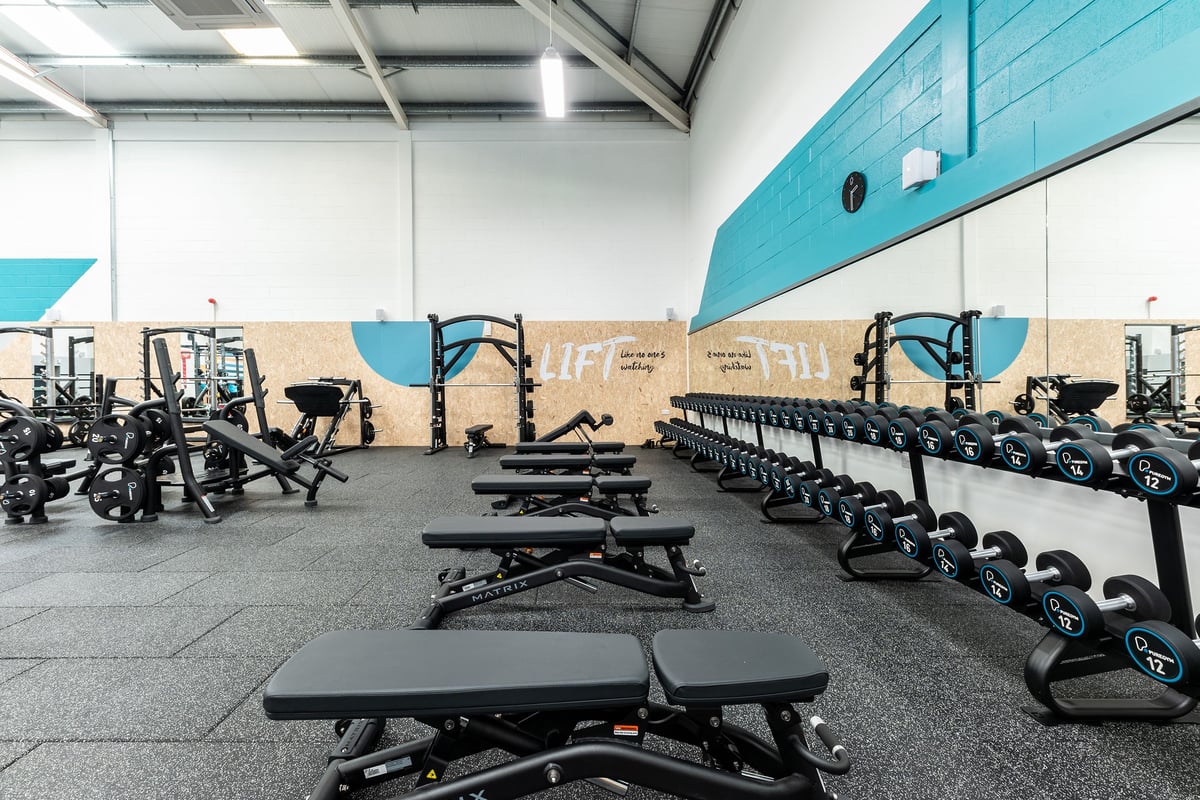 PureGym Dumfries: Rows of weight racks, benches, dumbbells, and rubberized flooring in a gym space.