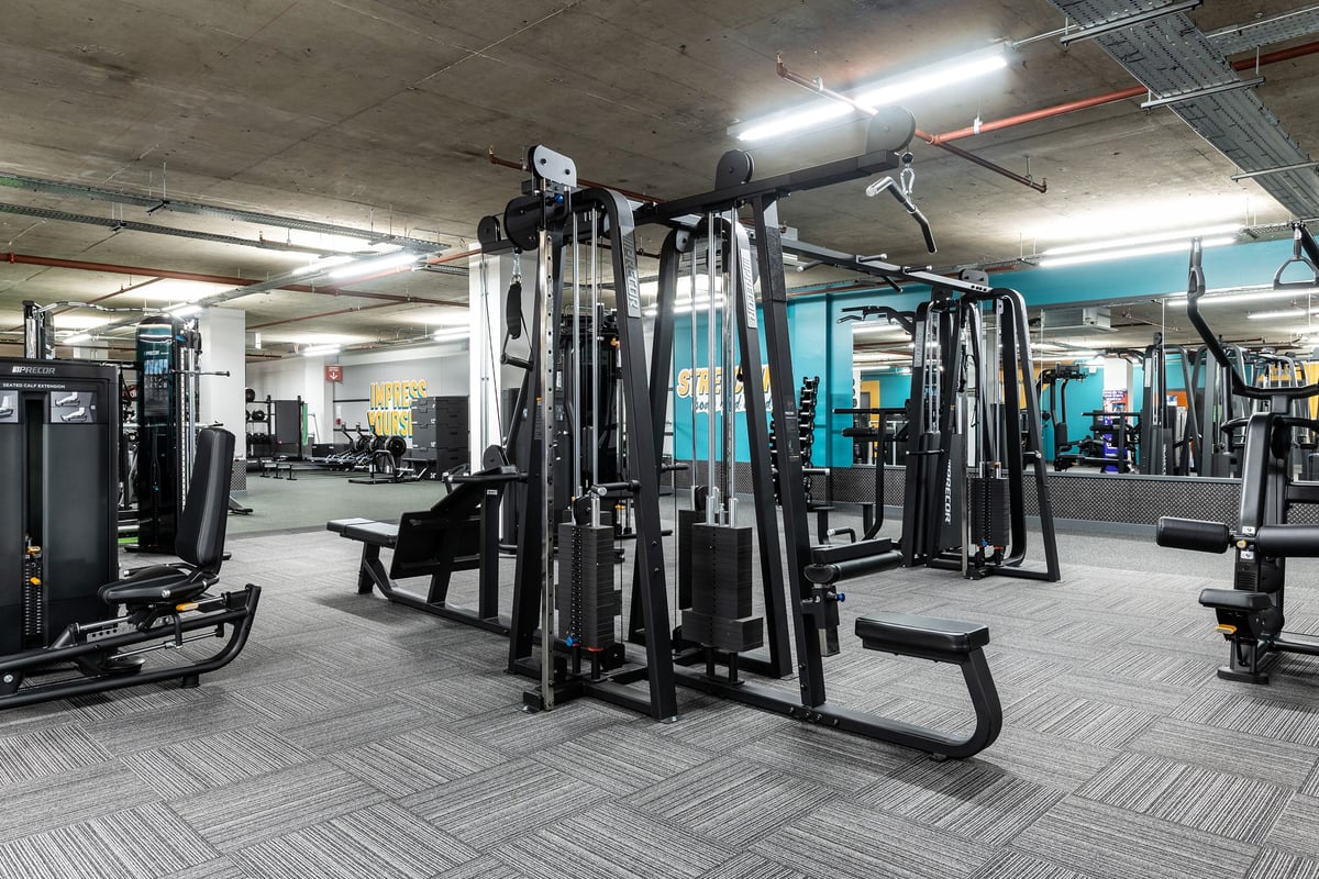 PureGym London Angel: Gym space with resistance machines, weight racks, benches, mirrored walls, and patterned flooring.