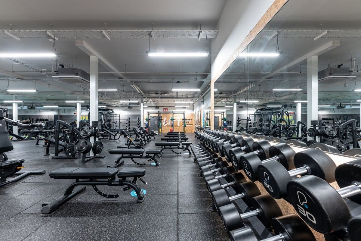 PureGym Leamington Spa: Rows of weight machines, free weights, benches and rubberized floors in a well-equipped gym facility.