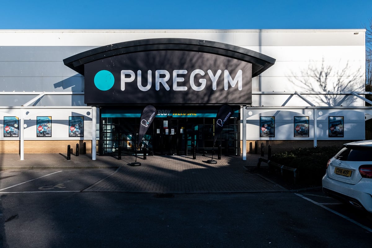 PureGym Broadstairs Westwood Gateway Retail Park: Pure Gym exterior with parking spaces, signage, and entrance area visible.