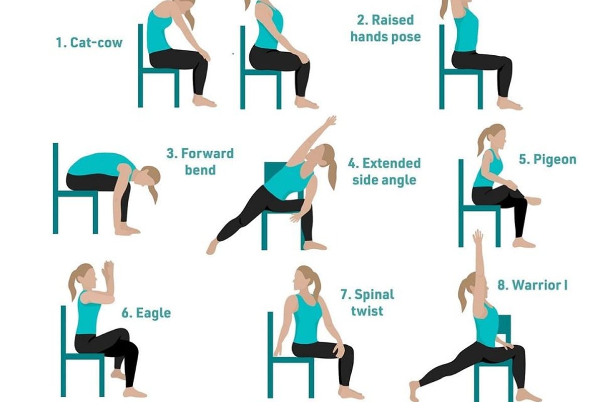 Woman demonstrating eleven chair yoga poses for beginners with a turquoise top and black p