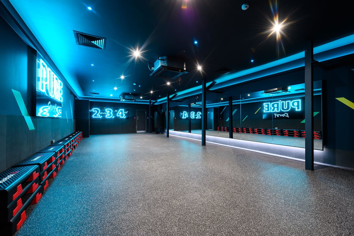 PureGym London East Sheen: Studio with big mirror and step equipment