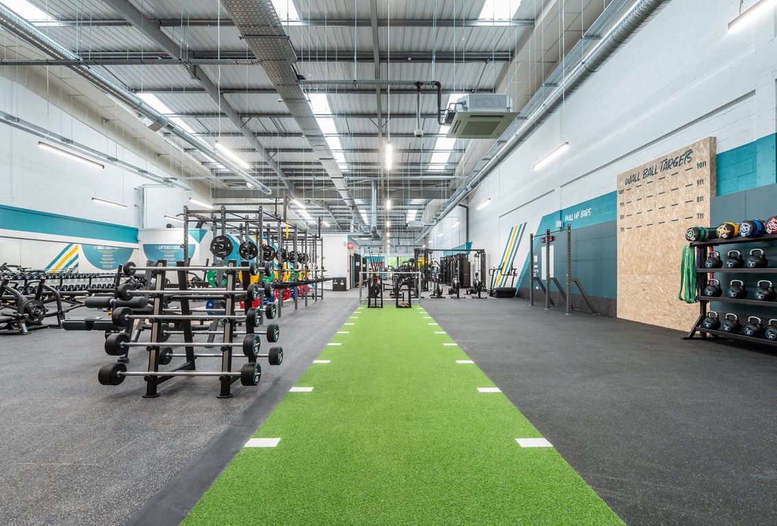 PureGym Thamesmead: Weightlifting racks, free weights, green turf area for functional training, rubberized flooring.