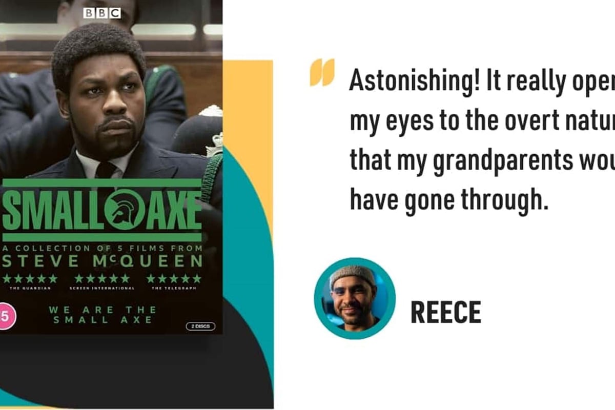 Man in suit on Small Axe DVD cover with a quote from Reece on a white background
