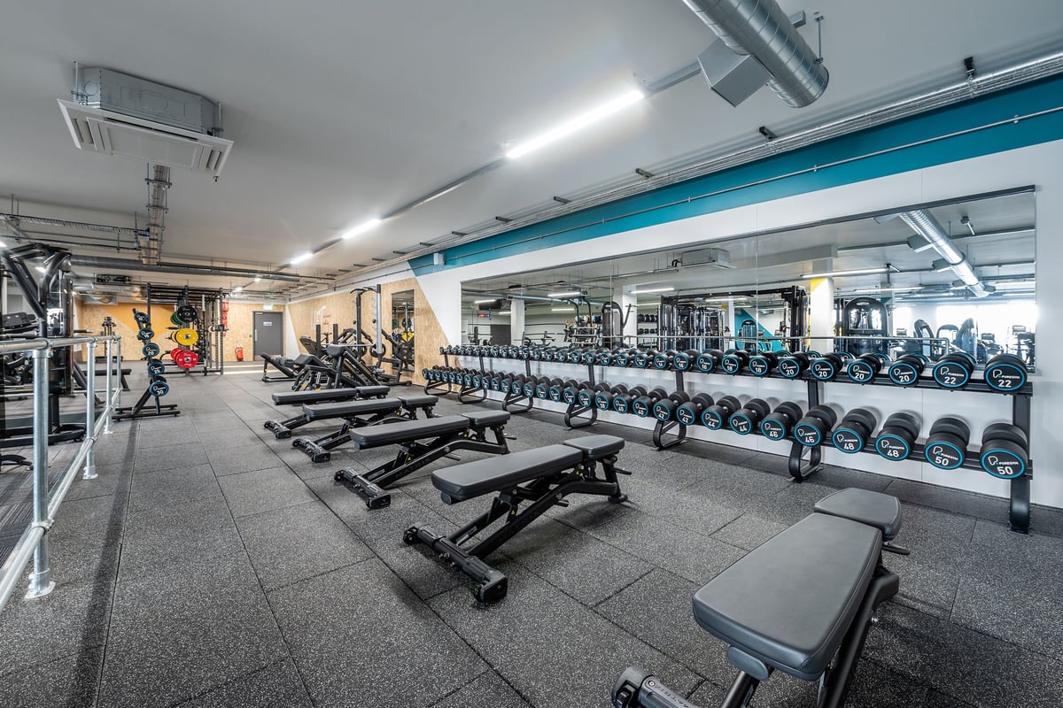 PureGym London Swanley: Rows of benches, free weights, dumbbells, and weight machines in a well-lit fitness studio.