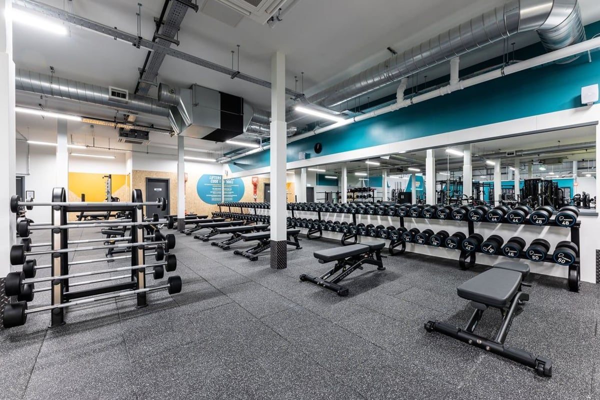 PureGym Dagenham: Rows of weight racks, benches, dumbbells, and free weights on rubberized gym flooring.