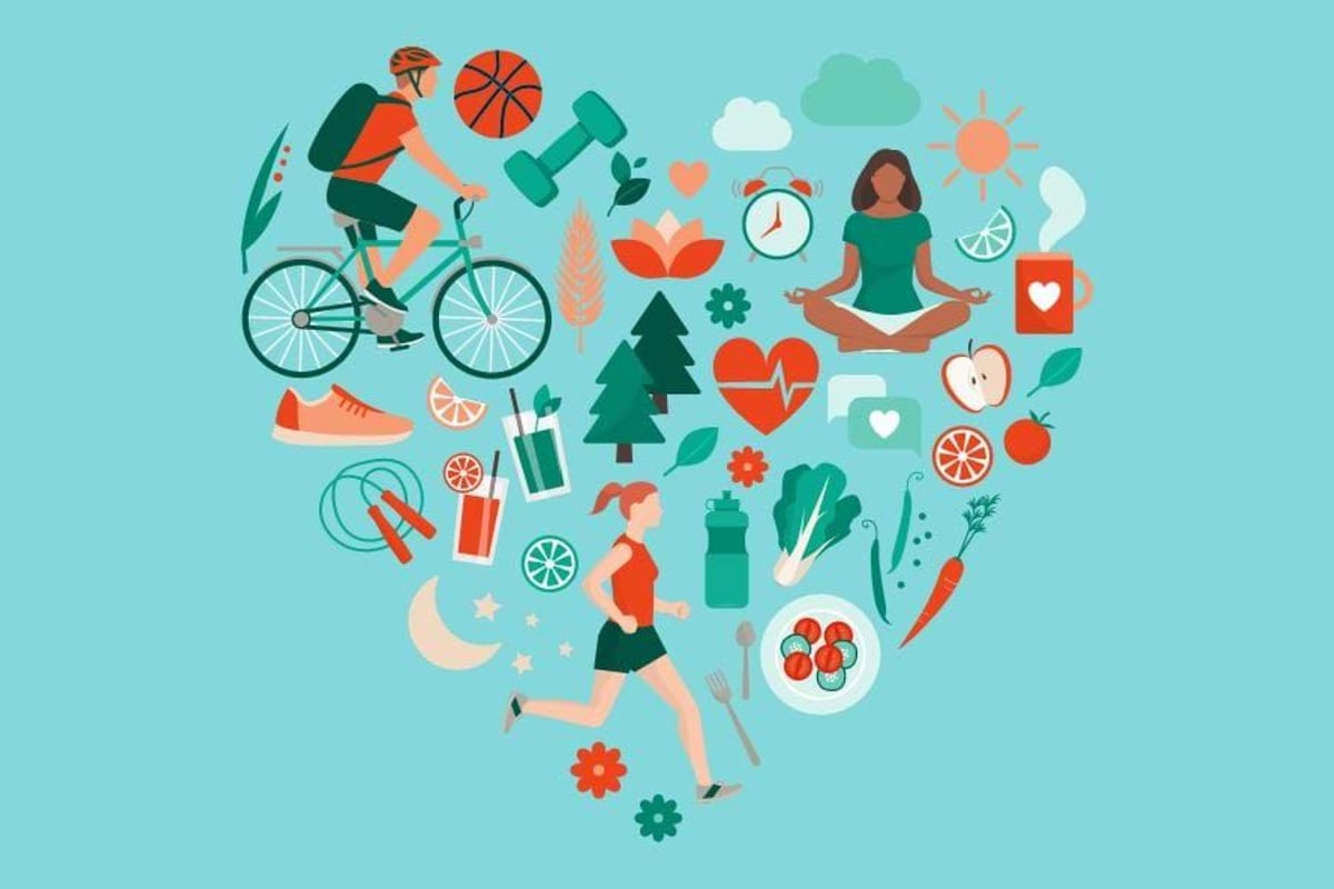 Heart-shaped arrangement of health and fitness icons including cycling, running, yoga and fresh vegetables