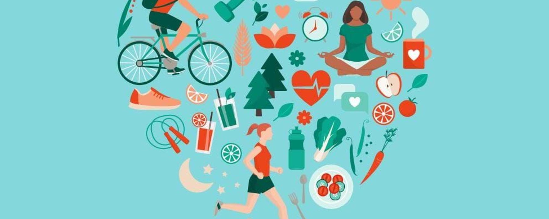 Heart-shaped arrangement of health and fitness icons including cycling, running, yoga and fresh vegetables