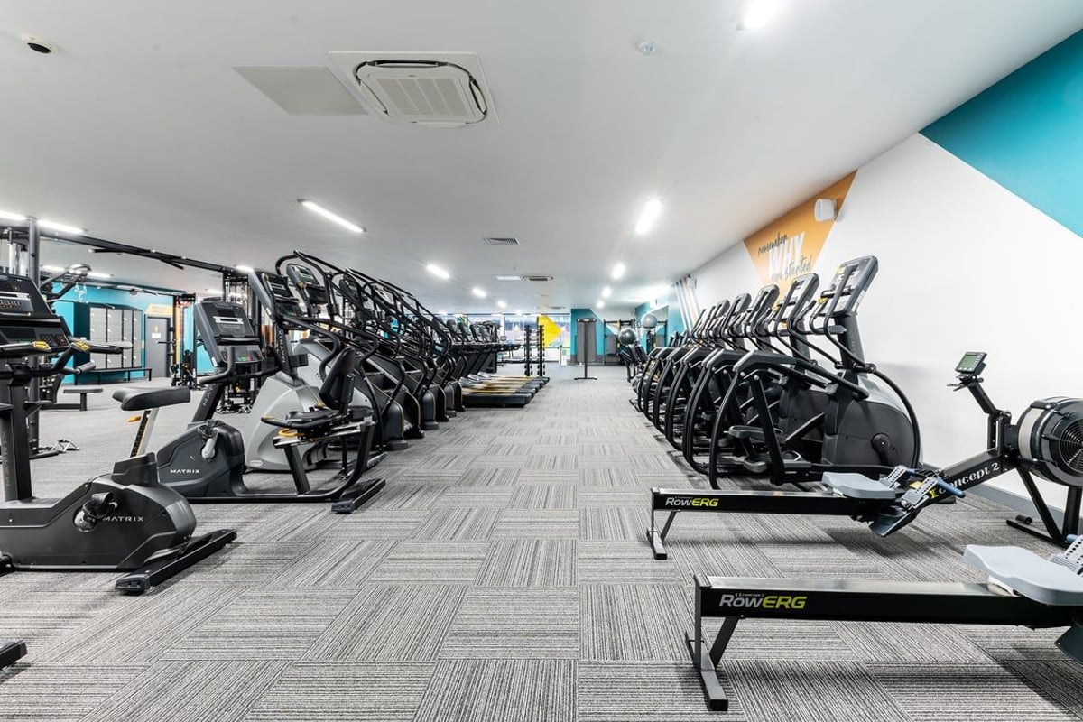 PureGym Bangor Wales: Rows of modern elliptical machines and stationary bikes in a light-filled fitness studio.