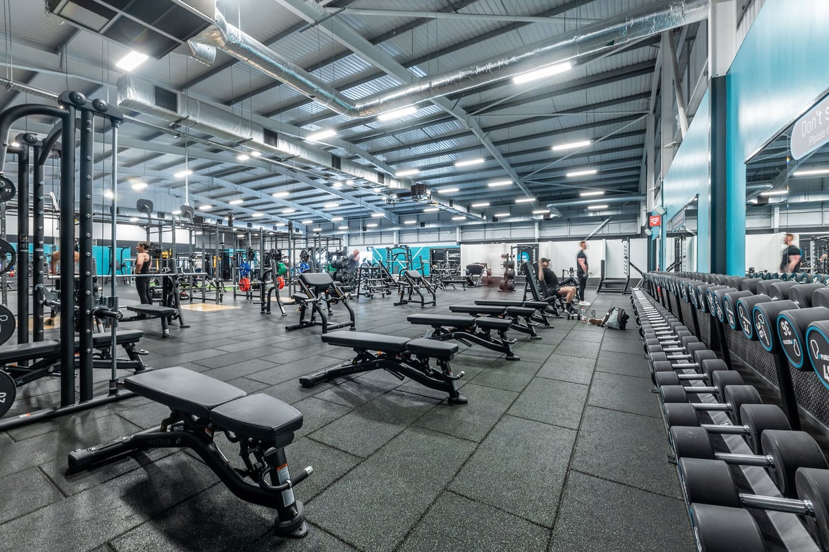 PureGym Widnes: Weight racks, benches, squat racks, weight plates, and rubberised flooring in a spacious gym setting.