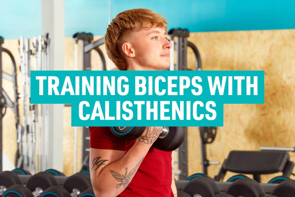 Young man lifting dumbbell in gym with text training biceps with calisthenics