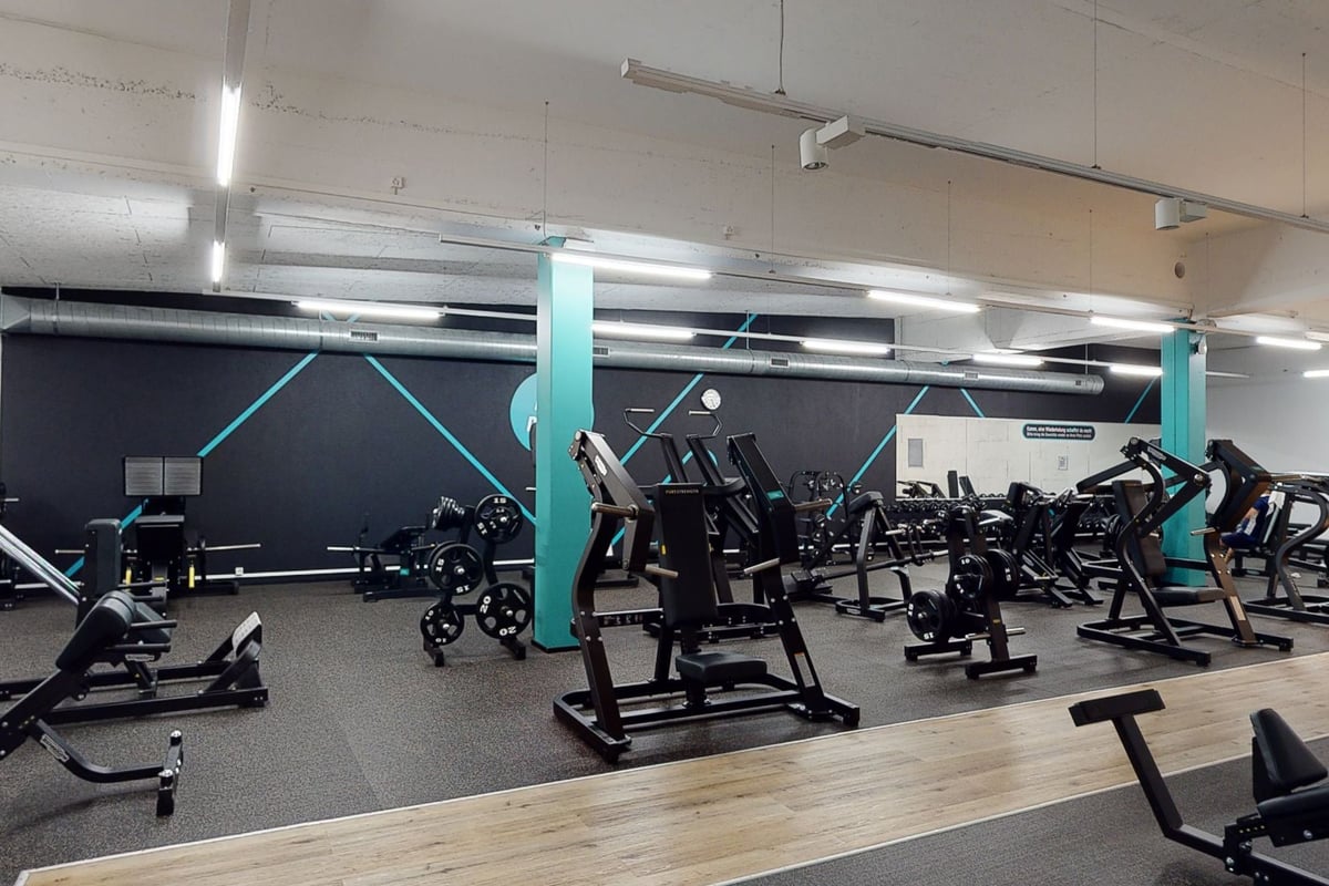 PureGym Pfäffikon: Fitnessstudio mit Kardio- und Kraftgeräten, Spiegeln, gummiertem Boden und sichtbaren blaugrünen Akzenten.
