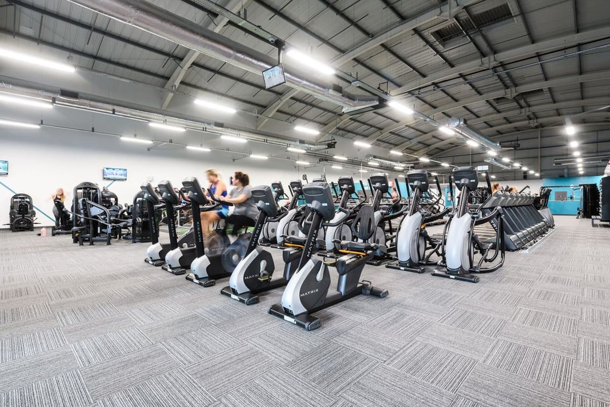 PureGym Fareham: Rows of stationary bikes, ellipticals, and treadmills in a brightly lit gym space.