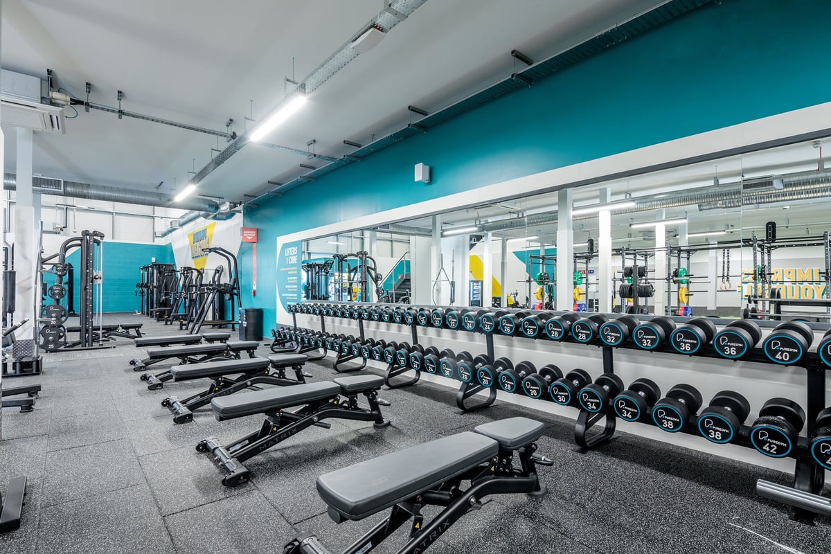 PureGym Frome: Weightlifting area with racks, benches, dumbbells, barbells, and weight plates on rubberized flooring.