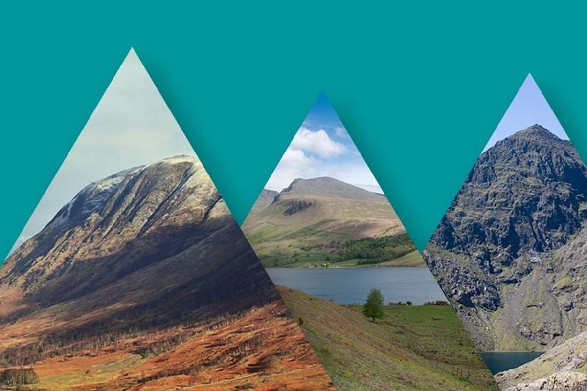 Three triangular cutouts showing different mountain landscapes on a teal background