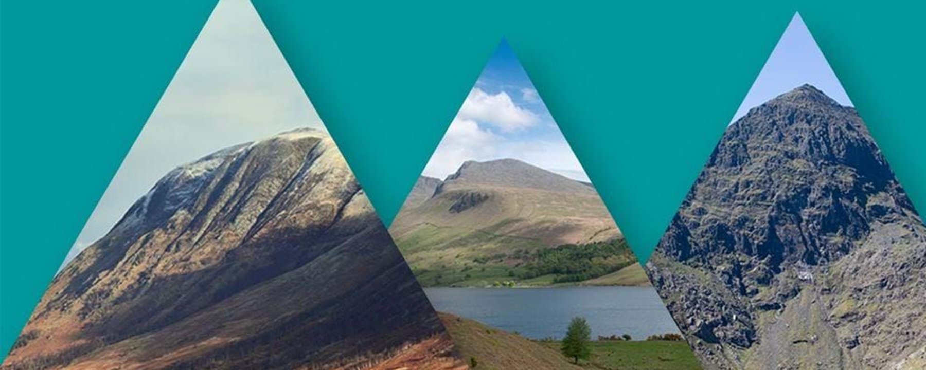 Three triangular cutouts showing different mountain landscapes on a teal background
