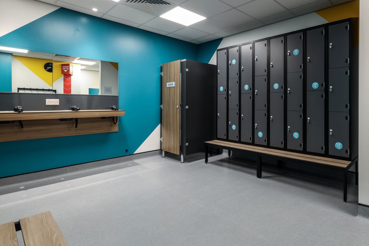 PureGym Bishop Auckland: Rows of lockers, benches, and a blue accent wall in a changing room setting.