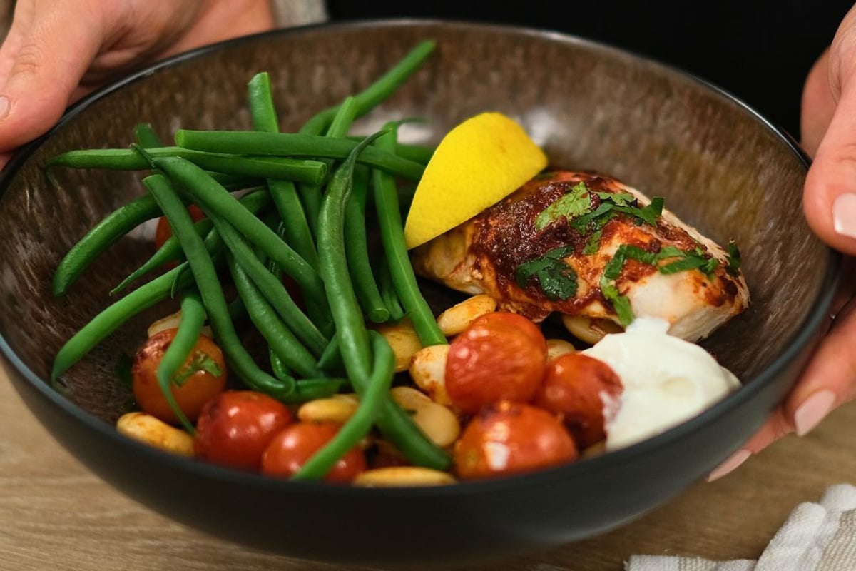 Cabillaud aux poivrons rouges, chorizo et haricots géants 
