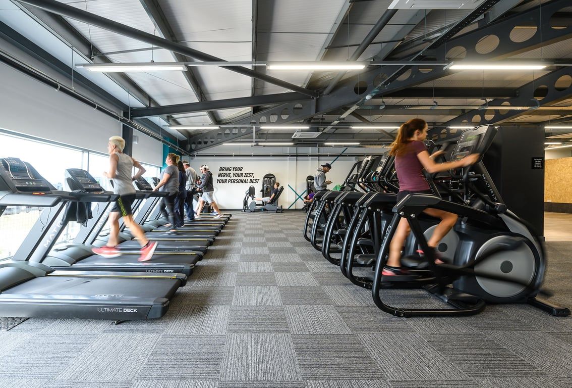 PureGym Barnstaple: Treadmills lined up on one side, stationary bikes on the other in a modern gym space.