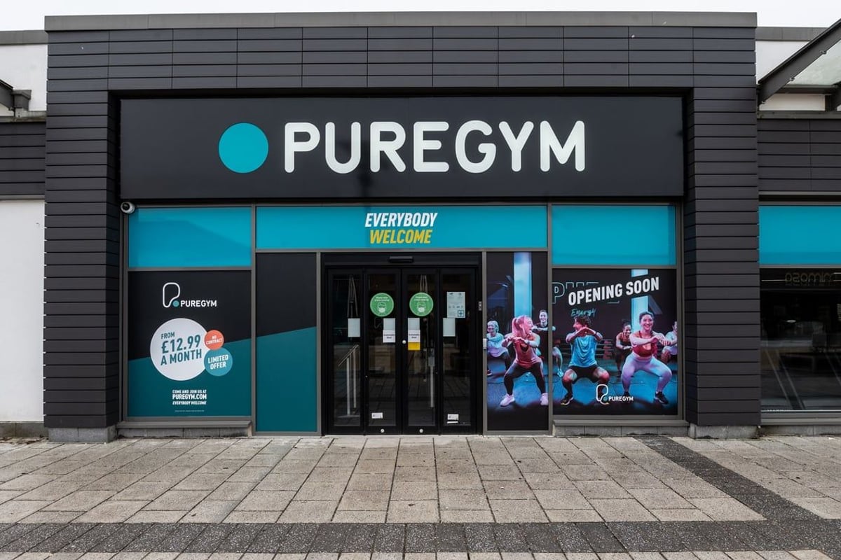 PureGym Aldershot Westgate Retail Park: Pure Gym exterior with entrance, teal branding, exercise imagery in windows.