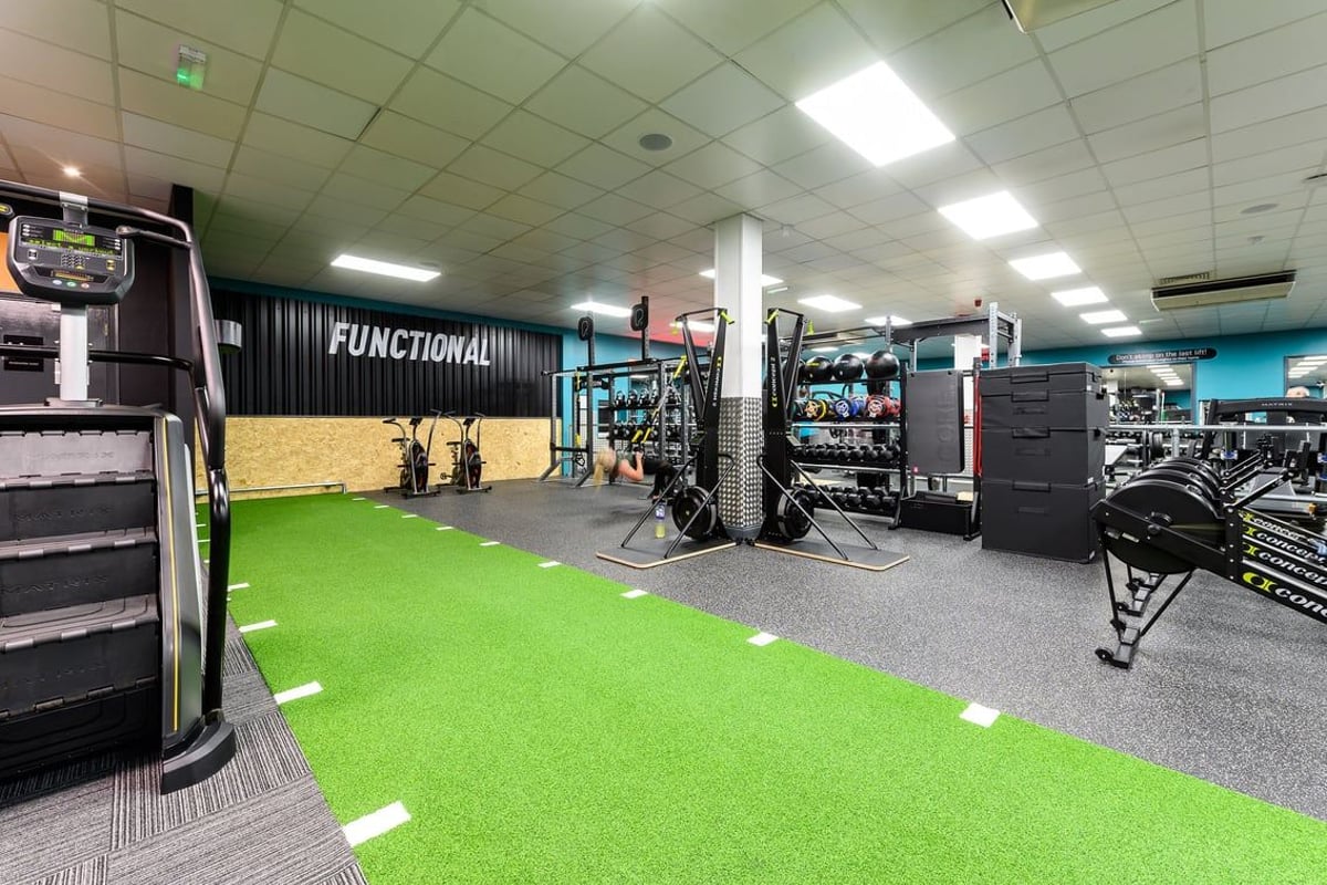 PureGym Waterlooville: Functional training area with green turf, weight racks, exercise machines, and rubberized flooring.