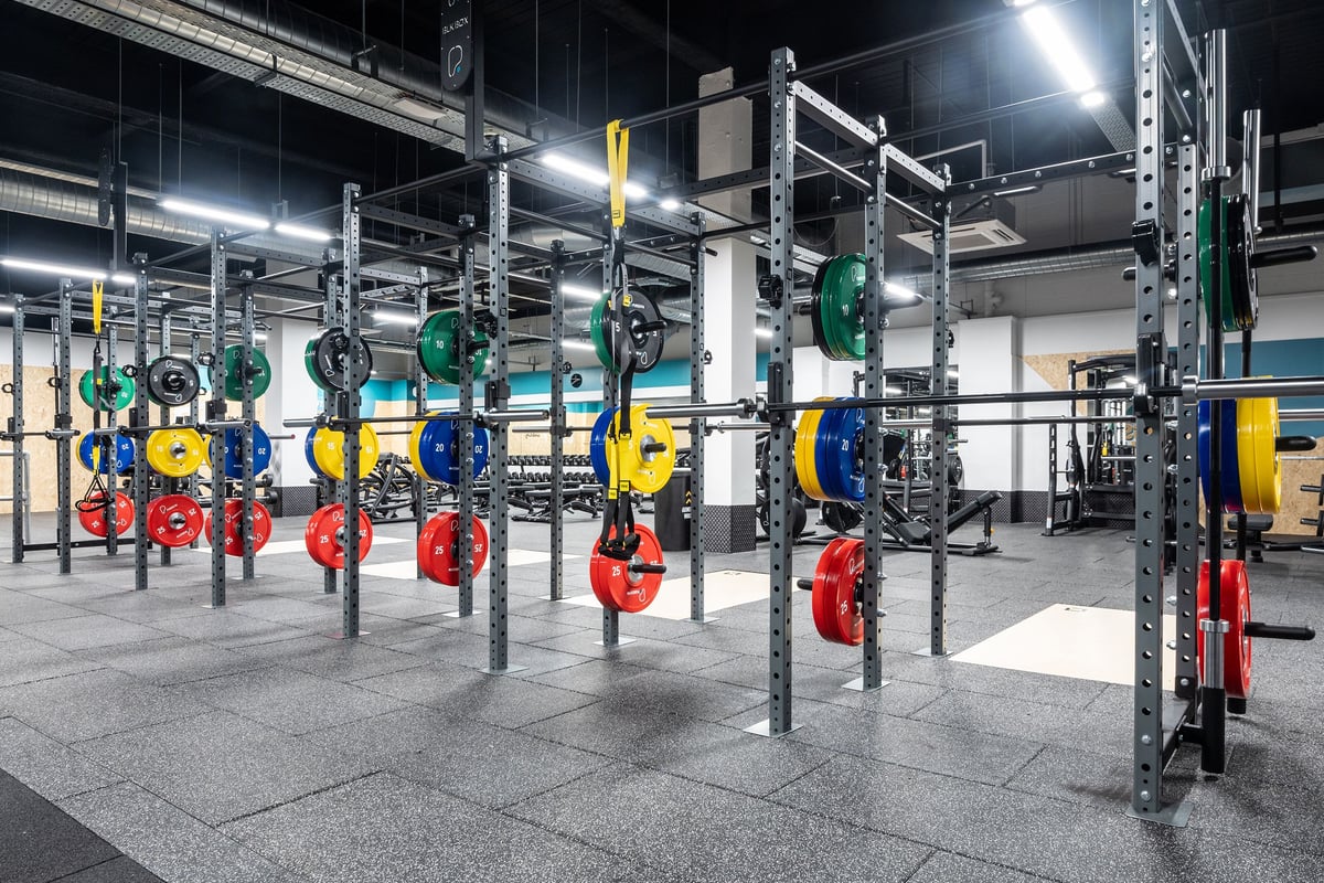 PureGym Edinburgh Ocean Terminal: Rows of weightlifting rigs with colourful weight plates.