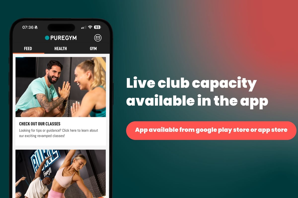 PureGym app homepage showing Feed tab with class information and availability updates