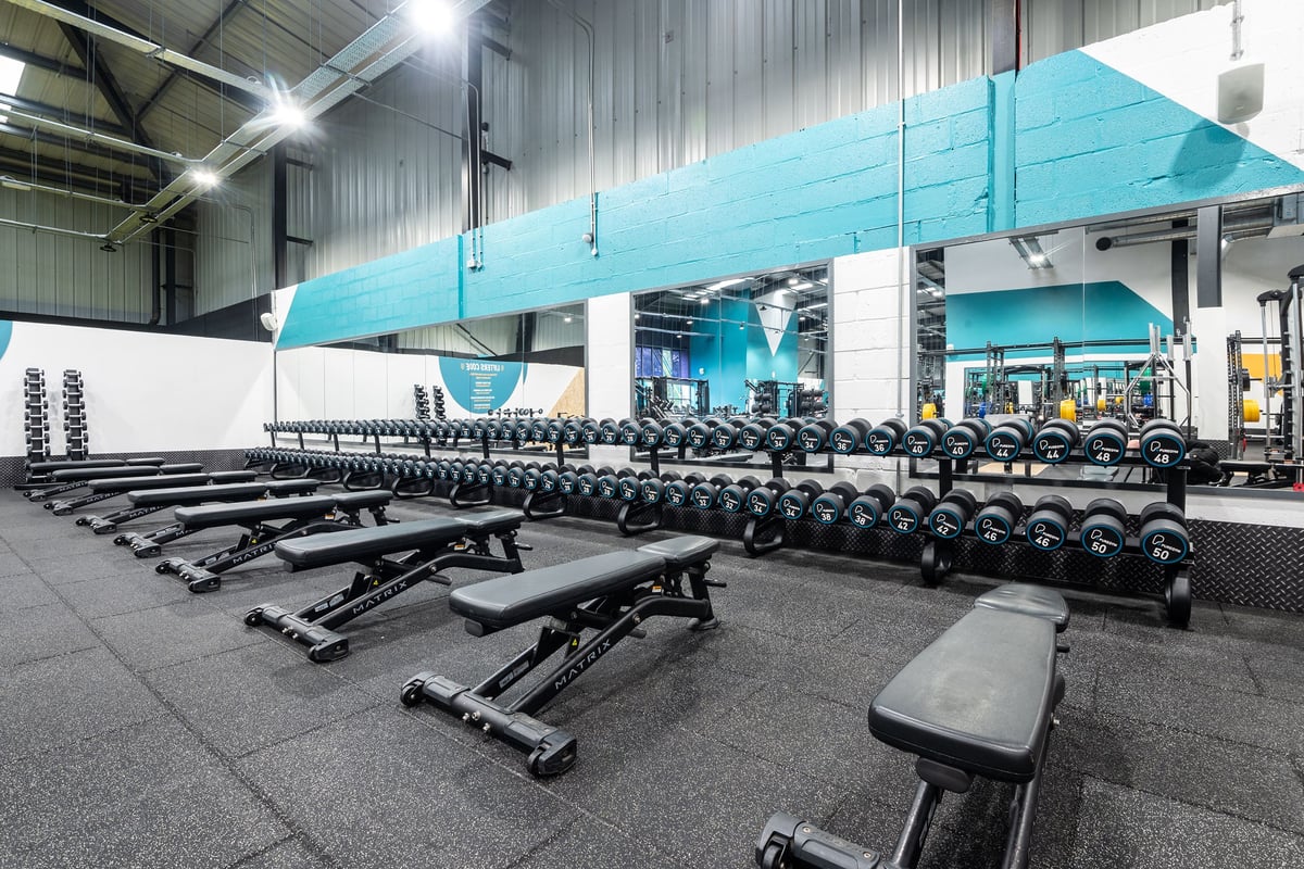 PureGym Dunfermline: Rows of weight benches, free weights, and rubberized flooring in a teal-coloured gym studio.