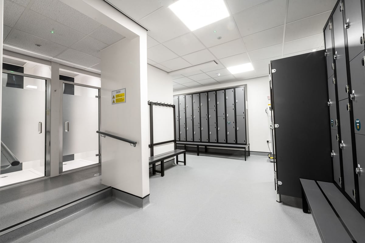 PureGym Trowbridge: Lockers, benches, and equipment storage in a changing room area.