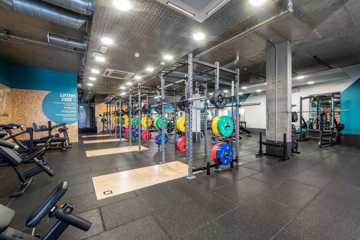 PureGym London Limehouse: Weight racks, colourful plates, resistance machines, treadmills on rubberised flooring.