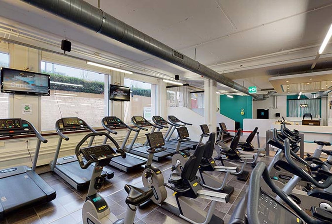 Puregym Dübendorf: Reihen von Laufbändern, Crosstrainern und Heimtrainern in einem Fitnessstudio.