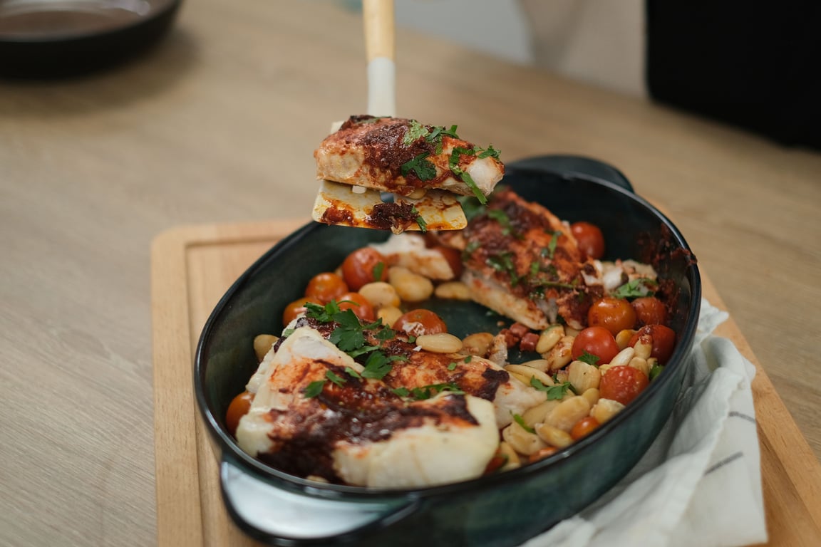Red Pepper Cod, Chorizo and Butter Bean Traybake