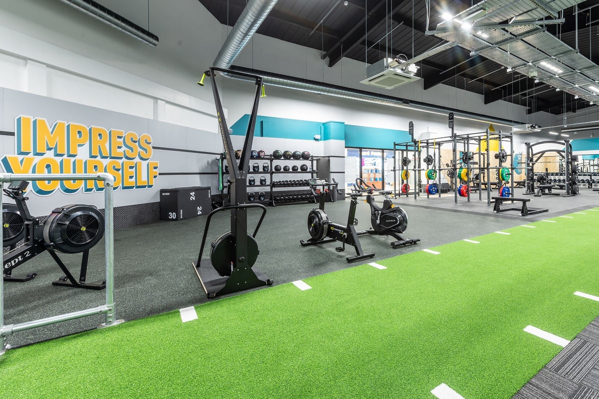 PureGym Dungannon: Strength training area with squat racks, sleds, heavy bags, turf sections, and motivational signage.
