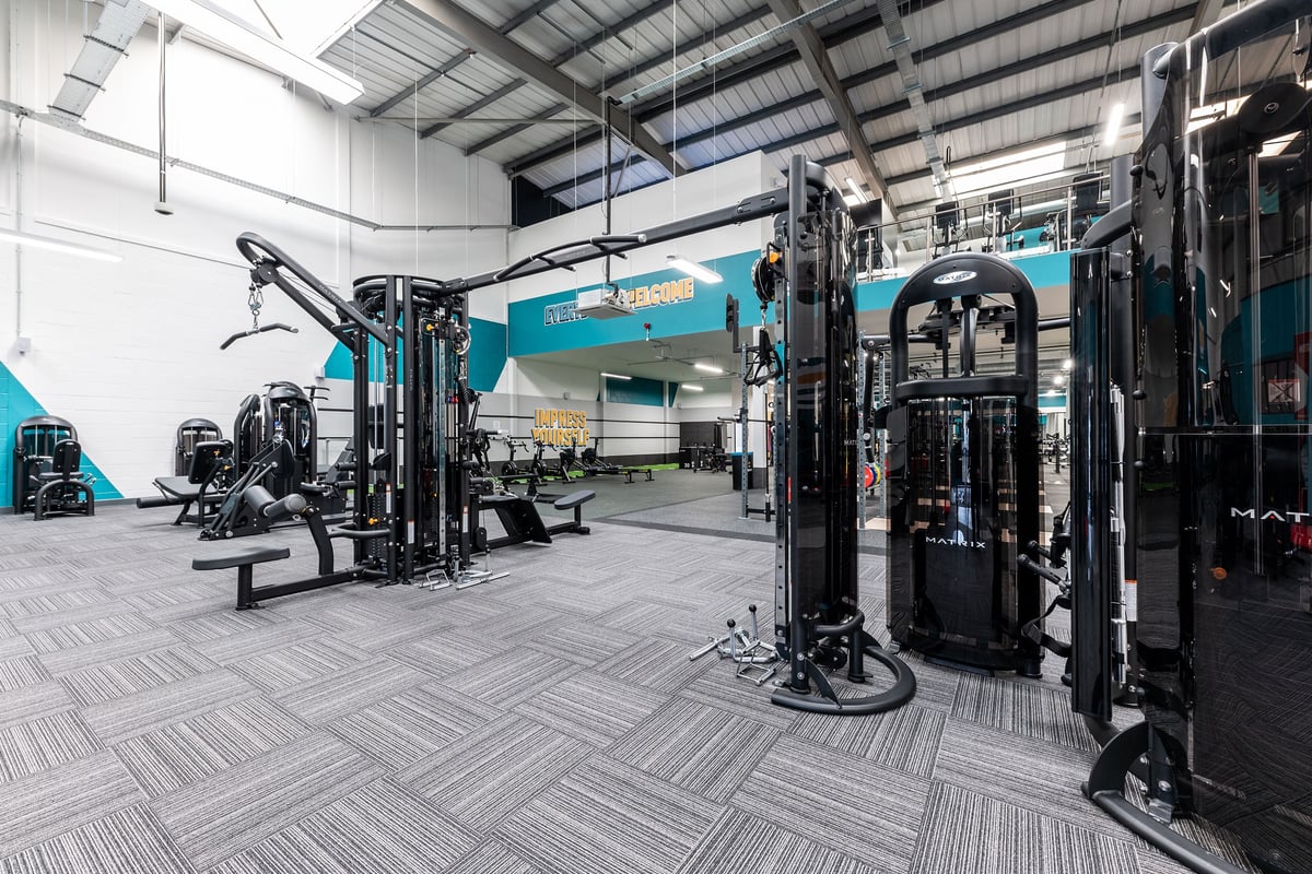 PureGym Dagenham: Rows of cable machines, squat racks, plate-loaded equipment, and rubberized flooring in a gym studio.