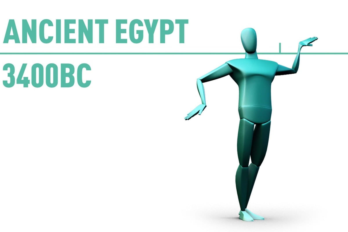3D figure posing with text Ancient Egypt 3400 BC on white background