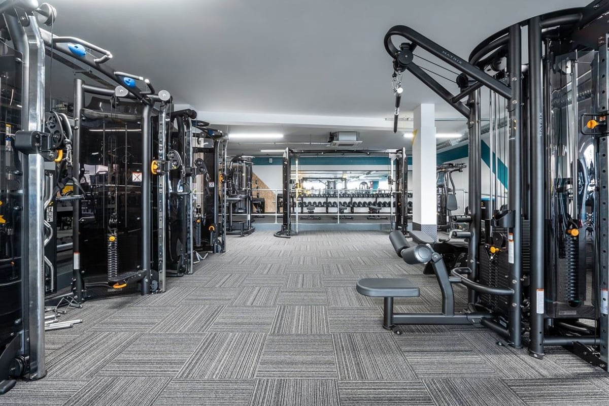 PureGym London Swanley: Rows of weight machines, cable crossovers, and weightlifting platforms with rubberized flooring.