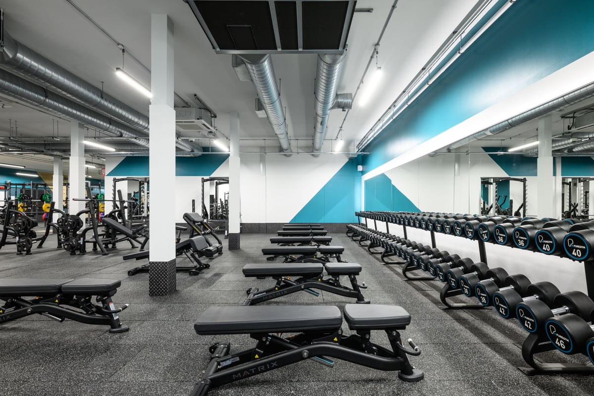PureGym Brentford: benches and free weights in a gym