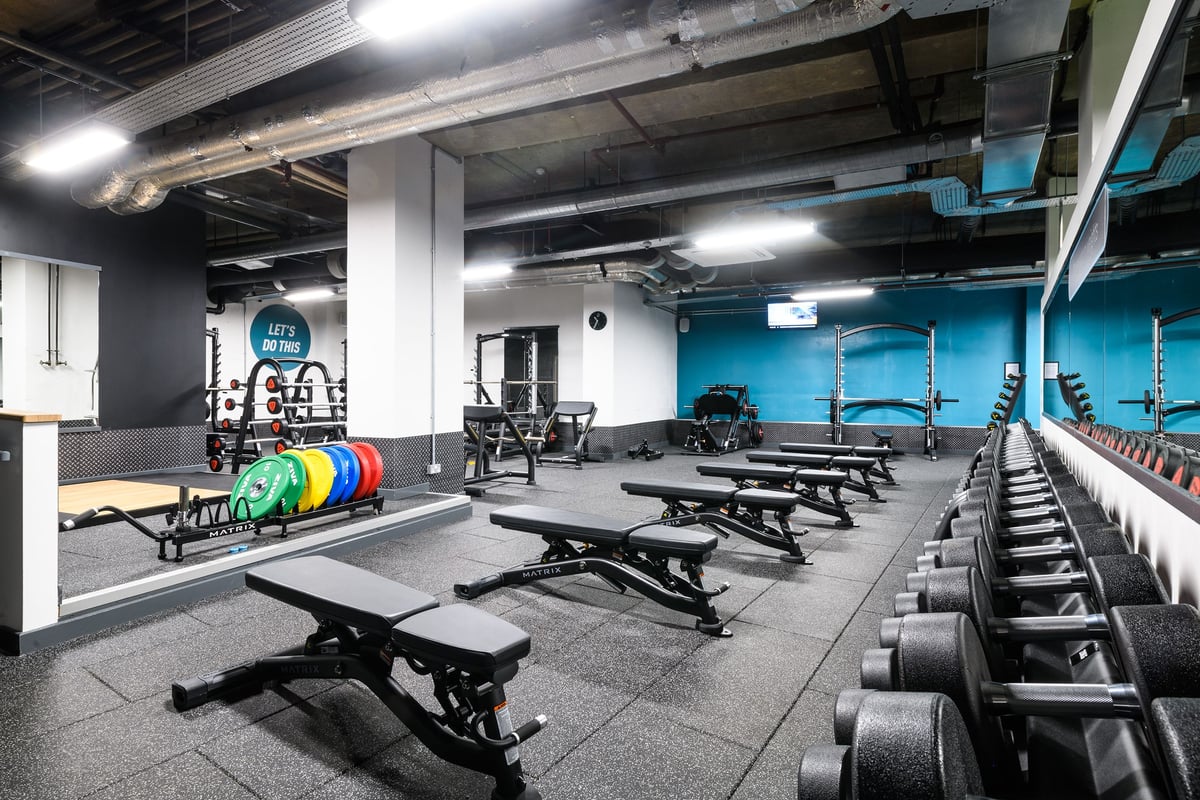PureGym London Tottenham Court Road: Weight benches, weight plates, squat racks, rubberized flooring in a gym studio space.