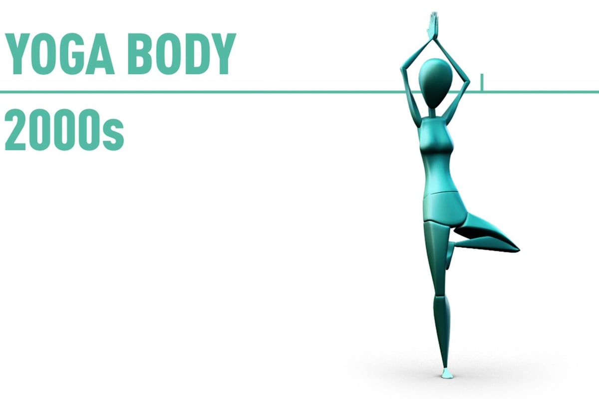 Stylised figure in tree yoga pose with text Yoga Body 2000s on white background