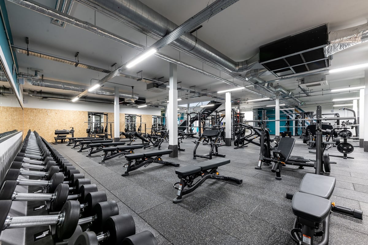 PureGym Solihull Sears Retail Park: Bench presses, weight racks, dumbbells, and rubberised flooring in a gym setting.