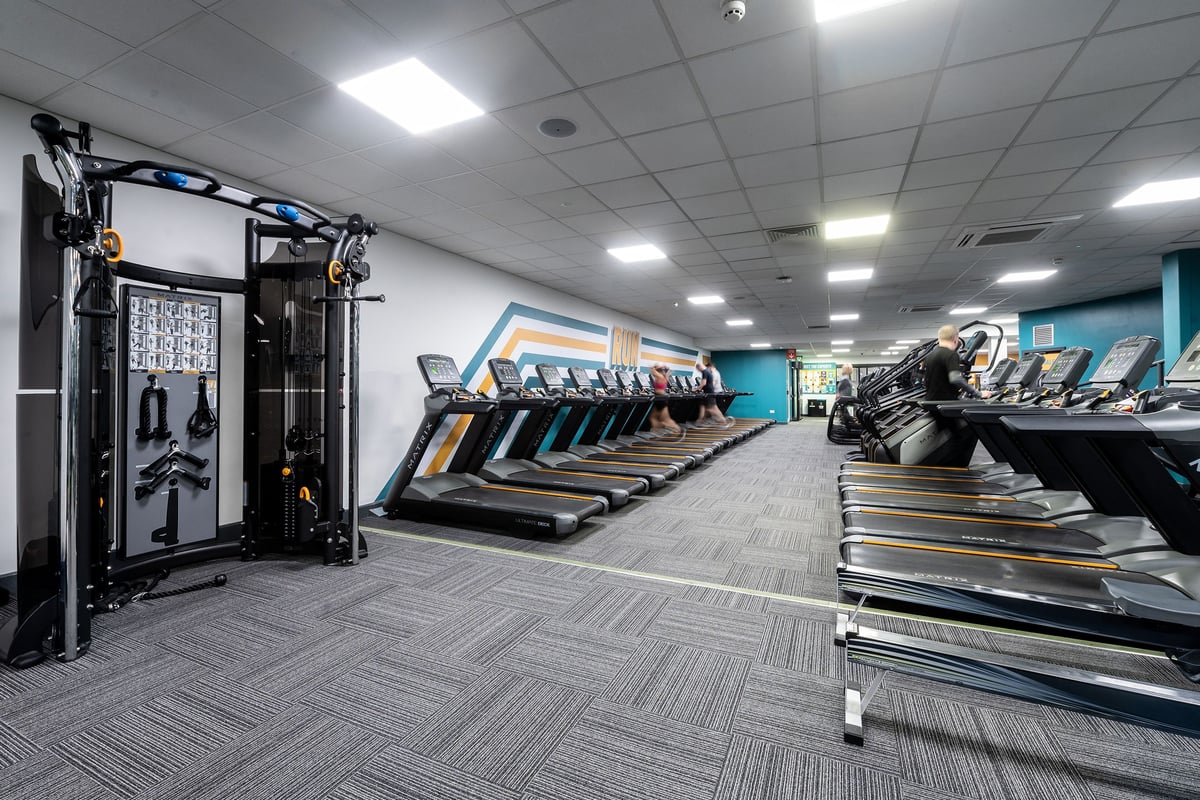 PureGym Epsom: Rows of treadmills, cross-trainers, cable machines, and a functional rig with weight plates.