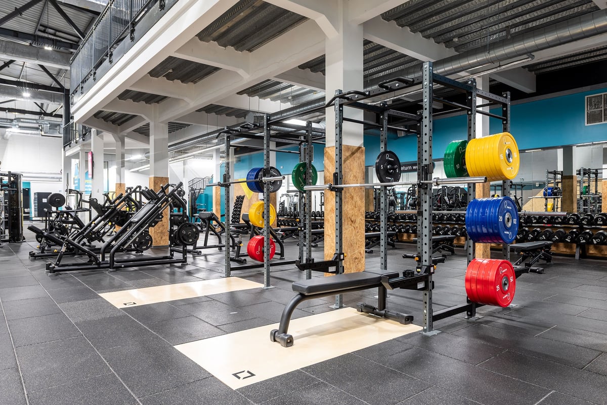 PureGym York: Weight racks, benches, plates in various colours, and rubberized flooring in a spacious gym facility.